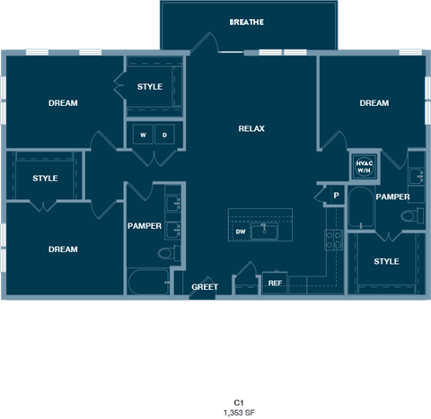 Floor plan for 3 beds, 2 baths, 1353 sqft